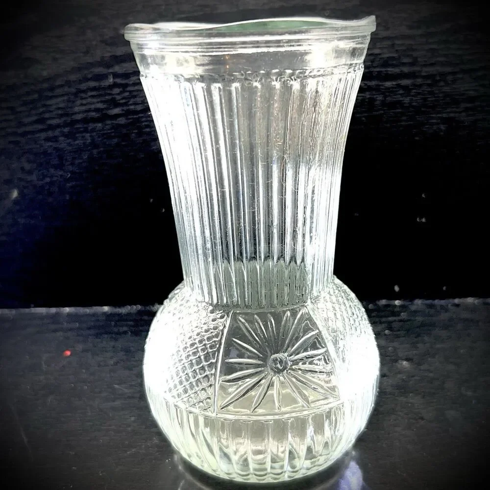 Vintage Clear Pressed Glass 6.5”Flower Vase- Ribbed & Starburst Diamond Design